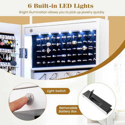 CHARMAID Wall Mounted Jewelry Armoire with 47" Full Length Mirror, Lockable Jewelry Cabinet with 6 LED Lights, Over the Door Hanging Storage Organizer with Drawers, Hooks & Shelves, White