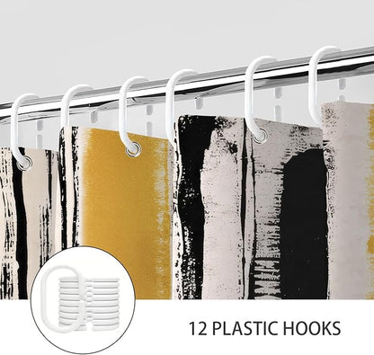 Abstract Boho Shower Curtain, Mid Century Modern Black And Beige Geometric Stripes Shower Curtains Set, Minimalist Aesthetic Art Yellow Polyester Fabric Shower Curtains for Bathroom with Hooks 72X72IN