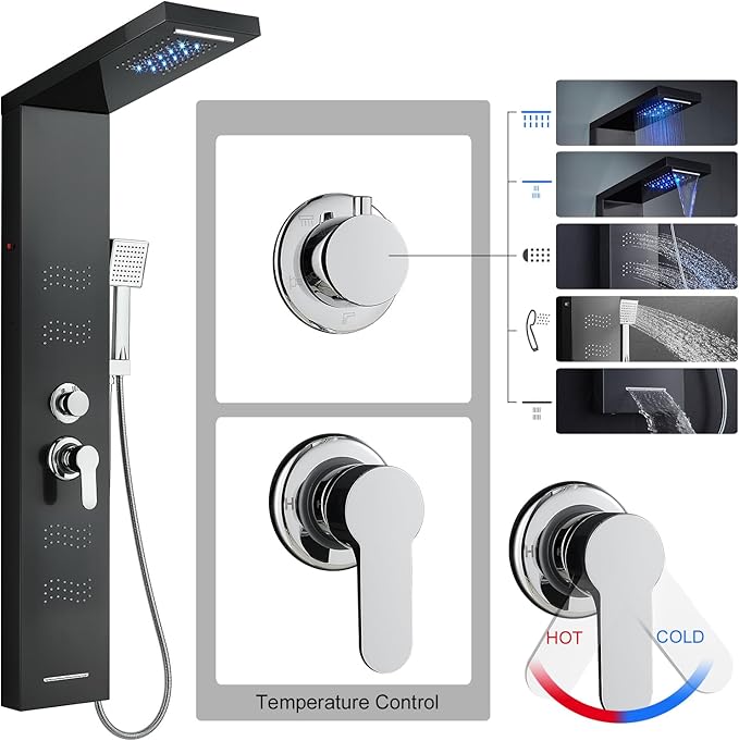 Stainless Steel Shower Panel Tower System with LED Lights, 5 in 1 Shower Panel with Rainfall Waterfall Shower Head, Body Spray, Handheld Shower, Tub Spout (Black)