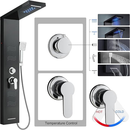 Stainless Steel Shower Panel Tower System with LED Lights, 5 in 1 Shower Panel with Rainfall Waterfall Shower Head, Body Spray, Handheld Shower, Tub Spout (Black)