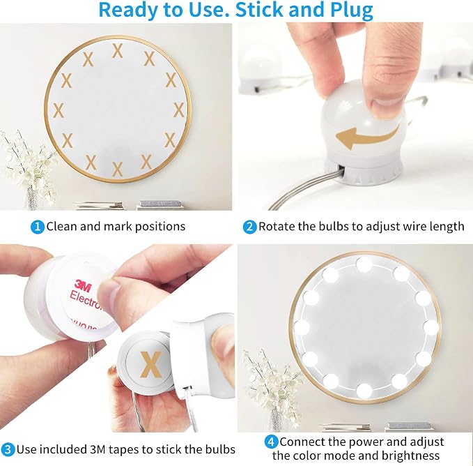 LED Vanity Mirror Lights with 12 Stick On Dimmable Bulbs, 3000K 4500K 6500K & 10 Brightness Levels Adjustable, Plug in USB Cable, Hollywood Style Mirror Lights for Makeup Desk Bathroom Dressing Room