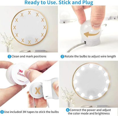LED Vanity Mirror Lights with 12 Stick On Dimmable Bulbs, 3000K 4500K 6500K & 10 Brightness Levels Adjustable, Plug in USB Cable, Hollywood Style Mirror Lights for Makeup Desk Bathroom Dressing Room