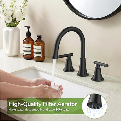 8 Inch Pull Out Sprayer Bathroom Faucet 3 Hole, Widespread 2 Handle Sink Faucet with Pop Up Drain and Supply Lines, Stainless Steel for Vanity, RV, Matte Black