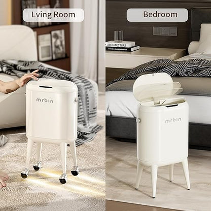MRBIN Metal Slim Bathroom Motion Sensor Trash Can with Lid and Wheels, 13L / 3.4gal Electric Touchless Toilet Waste Basket with Legs for Narrow Vanity, Rvs, Dorm, Kitchen, Cream White