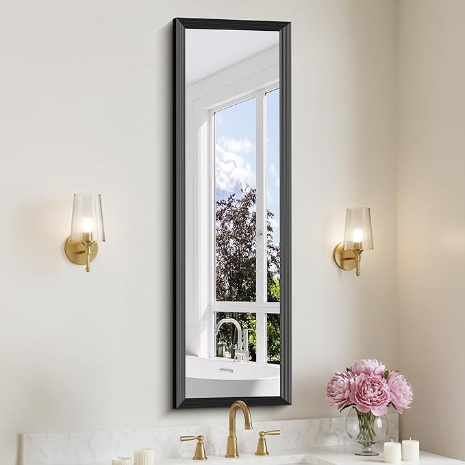 Black Bathroom Mirror 14 x 48 Inch Rectangle Wave Beveled Frame for Wall Bathroom Vanity Mirror for Over Sink, Tempered Glass,for Entryway Hangs, Bathroom Living Room Horizontal or Vertical