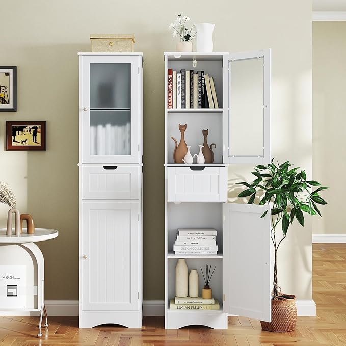 COSTWAY 67” Tall Bathroom Storage Cabinet, Freestanding Floor Cabinet with 2 Doors & 1 Drawer, 3-Level Adjustable Shelves, Narrow Slim Linen Tower for Bathroom, Living Room, Kitchen (White)