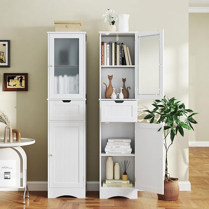 COSTWAY 67” Tall Bathroom Storage Cabinet, Freestanding Floor Cabinet with 2 Doors & 1 Drawer, 3-Level Adjustable Shelves, Narrow Slim Linen Tower for Bathroom, Living Room, Kitchen (White)