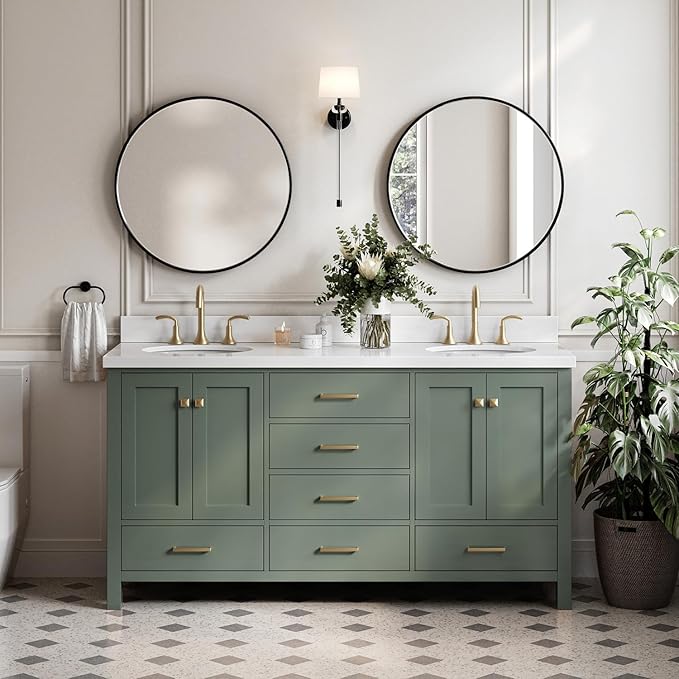 ARIEL Cambridge 67 Inch Double Oval Sink Bathroom Vanity with Pure White Quartz Countertop 1.5 Inch in Vintage Green