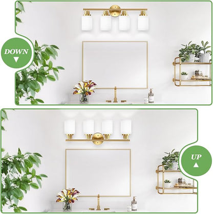4-Light Vanity Lights, Brushed Gold Bathroom Light Fixture with Striped Textured Milky White Glass Shade, Modern Vanity Lighting Fixture for Bathroom Wall Light Over Mirror, E26 Wall Sconce