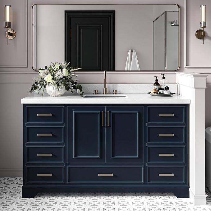 Langford 60-inch Midnight Blue Bathroom Vanity with Center Rectangle Single Sink, Italian Carrara Marble Countertop & Backsplash, Solid Wood Frame, Soft-Closing & Dovetail Drawers