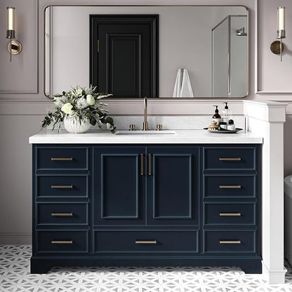 Langford 60-inch Midnight Blue Bathroom Vanity with Center Rectangle Single Sink, Italian Carrara Marble Countertop & Backsplash, Solid Wood Frame, Soft-Closing & Dovetail Drawers