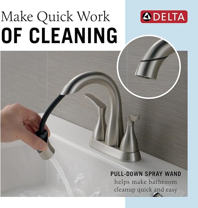 Delta Broadmoor Centerset Brushed Nickel Bathroom Faucet with Sprayer, 4 Inch 3 Hole Bathroom Sink Faucet with Pull Out Sprayer, Push-Pop Drain, Stainless 25765LF-SSPD