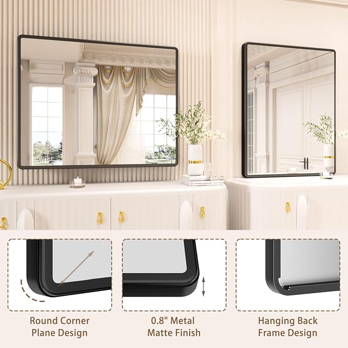 pertetey 40 x 32 in Rounded Rectangle Bathroom Mirror | Black Metal Frame, Tempered Glass, Wall Mounted