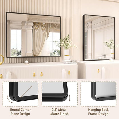 pertetey 40 x 32 in Rounded Rectangle Bathroom Mirror | Black Metal Frame, Tempered Glass, Wall Mounted
