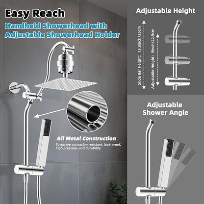 Hibbent 10'' Filtered Shower Head with 4-mode Handheld Shower Spray, Chrome | High Pressure Showerhead Combo, 12'' Adjustable Extension Arm, Shower Filter, Extension Bar, Easy Reach Holder, 71'' Hose