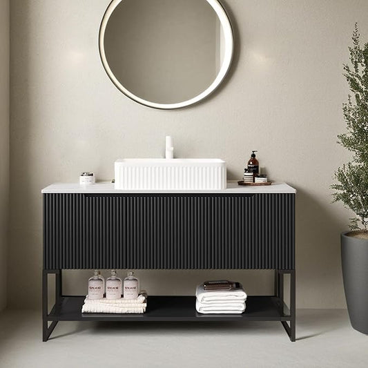 Ambrovina 48" Bathroom Vanity with Single Sink, Freestanding Bathroom Storage Cabinet with 3 Doors and Open Shelf, White Rectangular Ceramic Basin and Carrara White Sintered Stone Countertop, Black