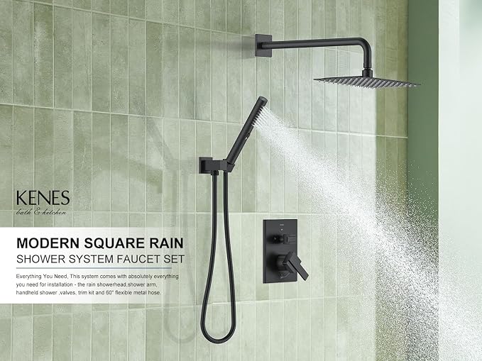 KENES Matte Black Square Rainfall Shower System Faucet Set with Handheld | Shower Faucet with 10-Inch Rain Shower Head, Square Shower System, Valve Included, Lead-Free cUPC & NSF Certified, Stainless