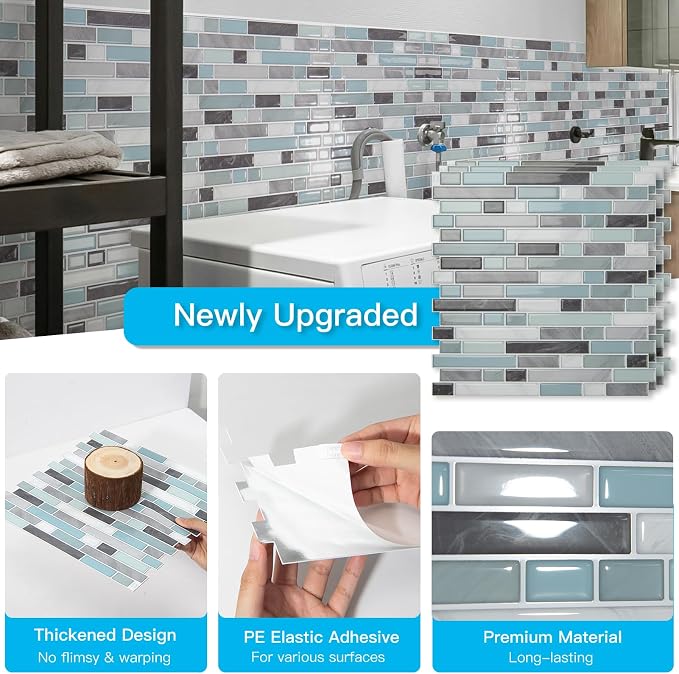 Art3d 10-Sheet Heavy-Duty Peel and Stick Backsplash, Waterproof Wall Tiles Stick on Kitchen Backsplash Living Space, Gray & Blue (Pack of 4)