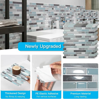 Art3d 10-Sheet Heavy-Duty Peel and Stick Backsplash, Waterproof Wall Tiles Stick on Kitchen Backsplash Living Space, Gray & Blue (Pack of 4)