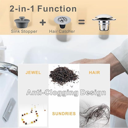 2 Pack Chrome Bathroom Sink Drain Stopper Replacement,Wellup 2-in-1 Bathroom Sink Stopper for 1 1/8"-1 1/2" Sink Drain Hole,Universal Pop up Sink Stopper with Anti-Clogging Strainer