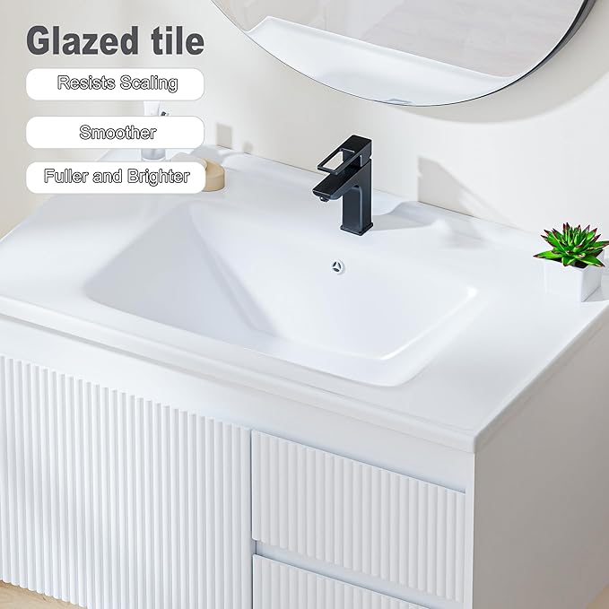 Floating Bathroom Vanity with Sink, 32 Inch Wall Mounted Bathroom Vanity with 2 Drawers and Wave-Carved Design Door, Modern Wooden Cabinet with Ceramic Sink and Storage, White