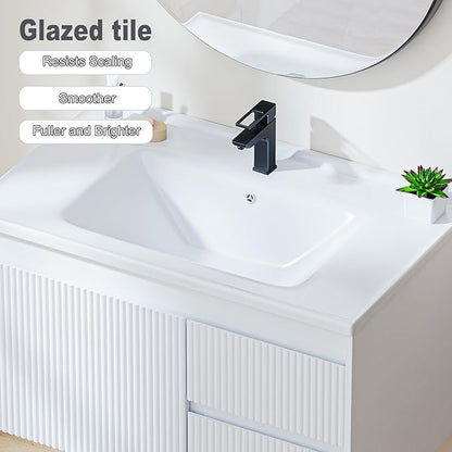 Floating Bathroom Vanity with Sink, 32 Inch Wall Mounted Bathroom Vanity with 2 Drawers and Wave-Carved Design Door, Modern Wooden Cabinet with Ceramic Sink and Storage, White