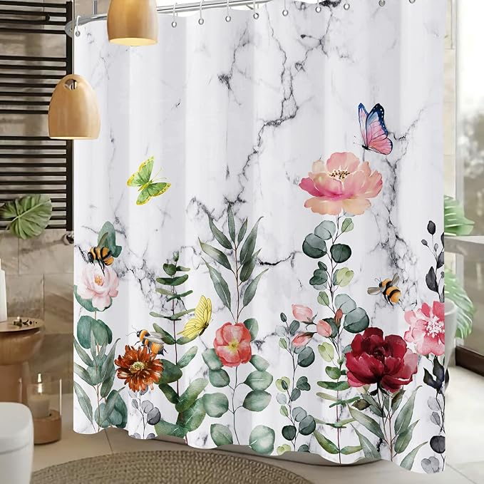 Floral Shower Curtain, Marble Flower Shower Curtains for Bathroom, Watercolor Plant Bathroom Curtain, Fabric Shower Curtains for Home Hotels Bathtubs Decor Easy Care Machine Washable 72x72