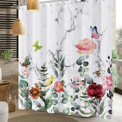 Floral Shower Curtain, Marble Flower Shower Curtains for Bathroom, Watercolor Plant Bathroom Curtain, Fabric Shower Curtains for Home Hotels Bathtubs Decor Easy Care Machine Washable 72x72