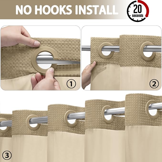 No Hook Shower Curtain and Liner Set,Beige Hotel Waffle Shower Curtain with Liner 75" L x 72" W