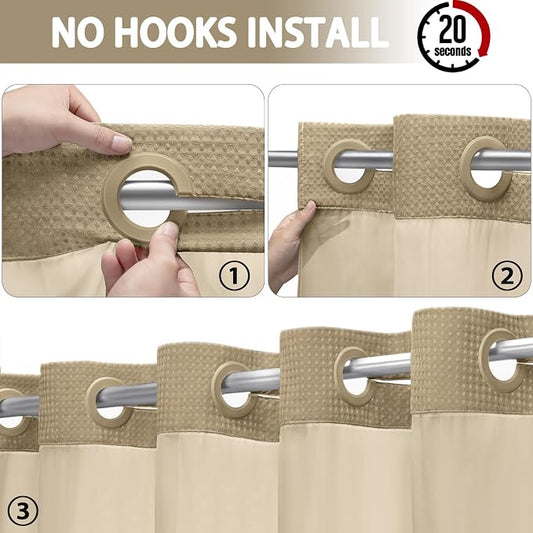 No Hook Shower Curtain with Liner Set Hotel Waffle Curtain Beige 72W X 75L | Washable Snap in Fabric Liner, Mesh Top Window, Waffle Hotel Style Shower Curtain Set