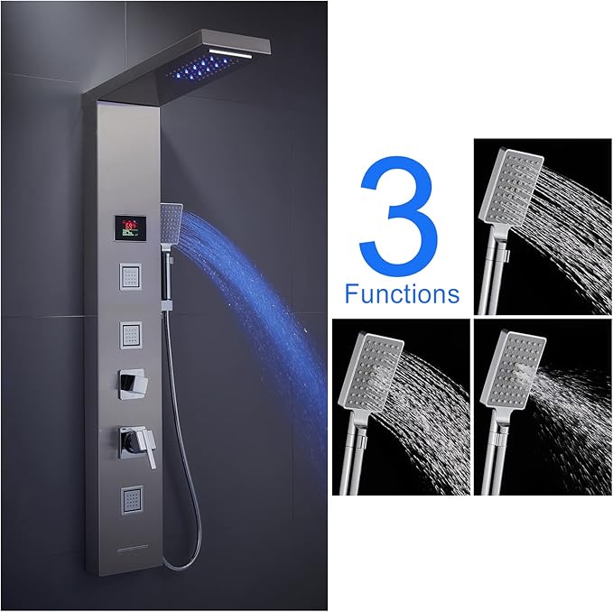 MENATT LED Shower Panel, 5-in-1 Shower Tower System, Rainfall & Waterfall Shower Head, Massage Jets, Tub Spout, Handheld Shower (Brushed)