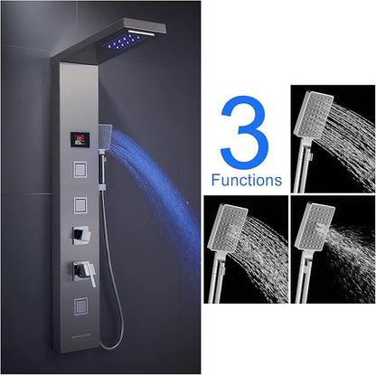MENATT LED Shower Panel, 5-in-1 Shower Tower System, Rainfall & Waterfall Shower Head, Massage Jets, Tub Spout, Handheld Shower (Brushed)