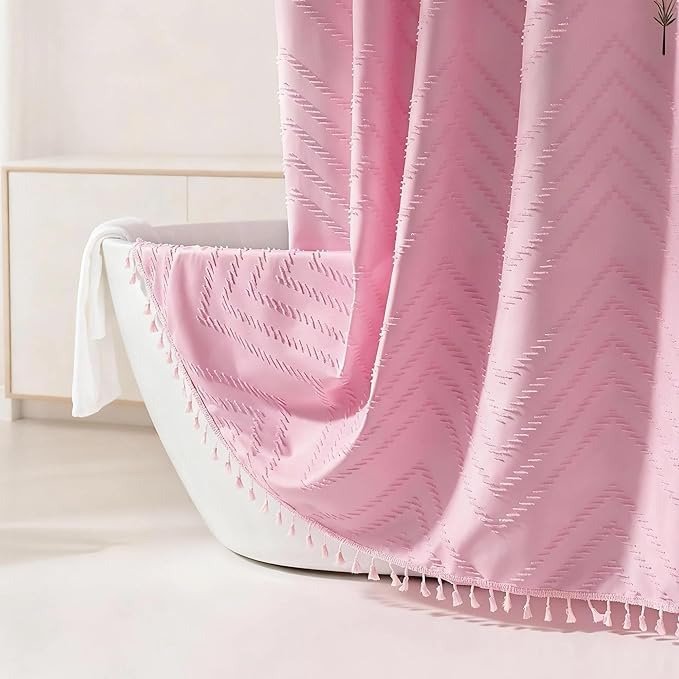 Siiluminisoy Extra Long Shower Curtains 72 x 78 Inches Tufted Chevron Pink Shower Curtains Fabric for Bathroom Modern Shabby Chic Waterproof Cloth Shower Curtain