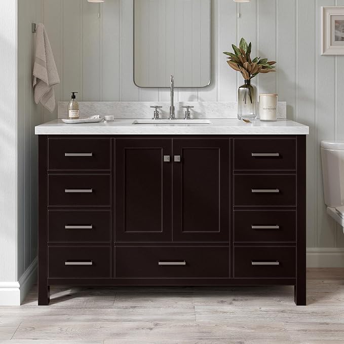 ARIEL Cambridge 54-inch Bathroom Vanity with Sink,Solid Wood, 1.5-inch Italian Carrara Marble Countertop, Single Rectangular Porcelain Sink, 2 Soft Closing Doors, 9 Dovetail Drawers, Espresso