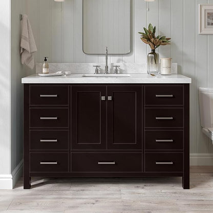 ARIEL Cambridge 54-inch Bathroom Vanity with Sink,Solid Wood, 1.5-inch Italian Carrara Marble Countertop, Single Rectangular Porcelain Sink, 2 Soft Closing Doors, 9 Dovetail Drawers, Espresso
