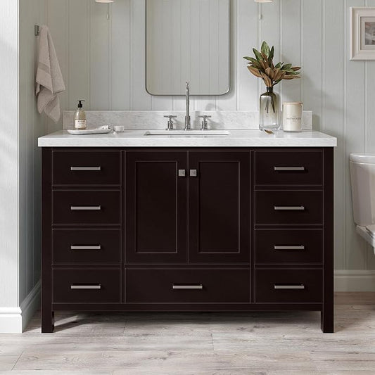 ARIEL Cambridge 54-inch Bathroom Vanity with Sink,Solid Wood, 1.5-inch Italian Carrara Marble Countertop, Single Rectangular Porcelain Sink, 2 Soft Closing Doors, 9 Dovetail Drawers, Espresso