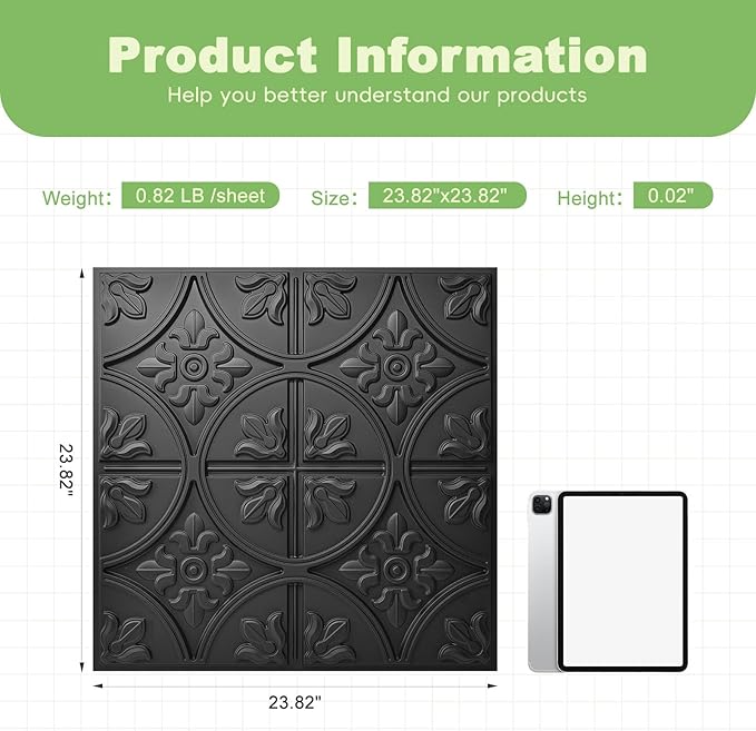 Art3d Drop Ceiling Tiles 2x2, Glue-up Ceiling Panel, Fancy Classic Style in Black