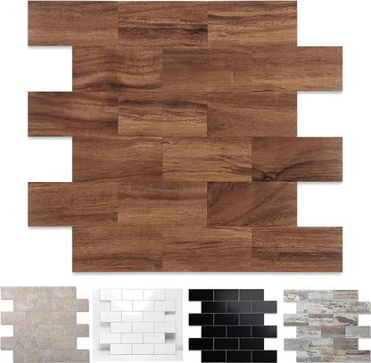 2026 New Upgrade Peel and Stick Backsplash Tile, Peel and Stick 11.34" X 11.57" Wall Tile for Kitchen, Bathroom, Fireplace, Laundry (Brown Woodgrain, 5 Packs)