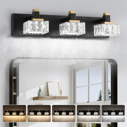 Bathroom Vanity Lights Over Mirror,3-Light Dimmable 5CCT Led Vanity Lights Black Gold Crystal Wall Sconce Lighting 22.05 inches Modern Vanity Light for Bathroom,Bedroom,Living room.(3000K-6000K）