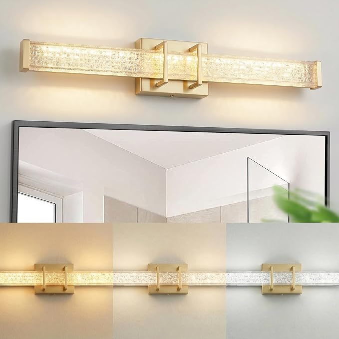 URSOLA 24" Modern LED Bathroom Light Fixtures, Golden 3CCT Dimmable Bathroom Vanity Light Over Mirror, Bathroom Vanity Bath Bar Lights with Crystal Acrylic Shade