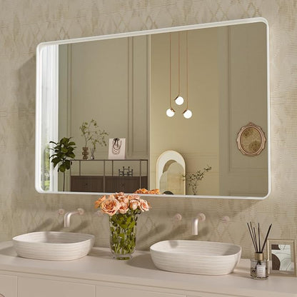 WEER White Metal Framed Bathroom Mirror 48x30 Inch | Rounded Rectangle, Matte White Framed, Tempered Glass, Anti-Rust, Hangs Horizontally or Vertically