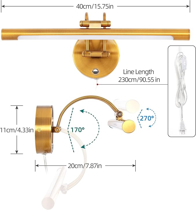 MantoLite LED Bathroom Vanity Light Fixture Dimmable 8W 16inch Gold Pulg in Display Lamps Picture Wall Lights, Indoor Lightings Wall Sconce Ajustable Bedside Reading Lamp, Brass 3000K/4500K/6000K