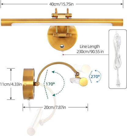 MantoLite LED Bathroom Vanity Light Fixture Dimmable 8W 16inch Gold Pulg in Display Lamps Picture Wall Lights, Indoor Lightings Wall Sconce Ajustable Bedside Reading Lamp, Brass 3000K/4500K/6000K