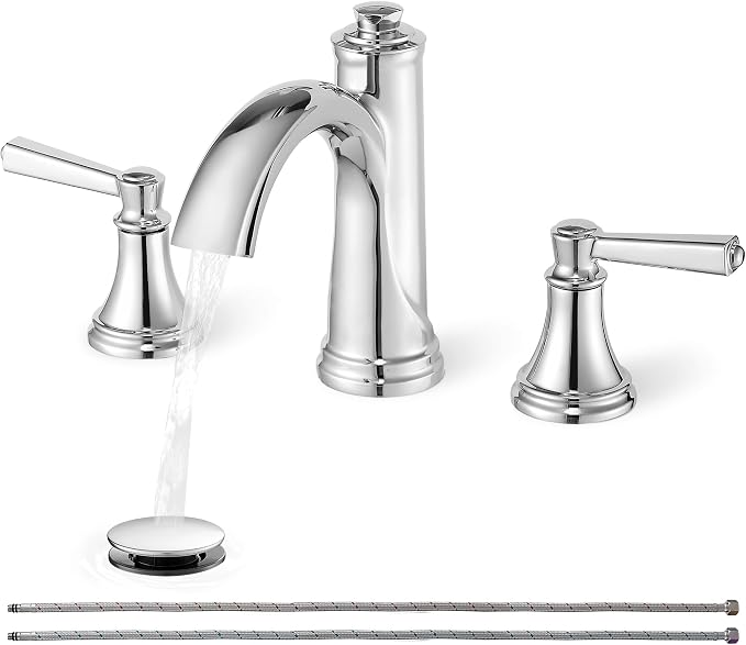 Brass Bathroom Faucets 3 Hole, Chrome Bathroom Faucet 4-16 Inch | Lead-Free, Widespread 2 Handles, Pop-Up Drain, Pre-installed cUPC Supply Hoses, 10 Mins Install, For Vanity Restroom Lavatory