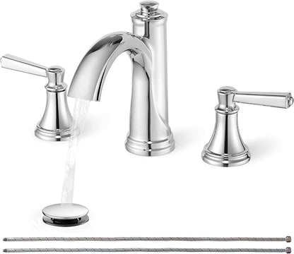 Brass Bathroom Faucets 3 Hole, Chrome Bathroom Faucet 4-16 Inch | Lead-Free, Widespread 2 Handles, Pop-Up Drain, Pre-installed cUPC Supply Hoses, 10 Mins Install, For Vanity Restroom Lavatory