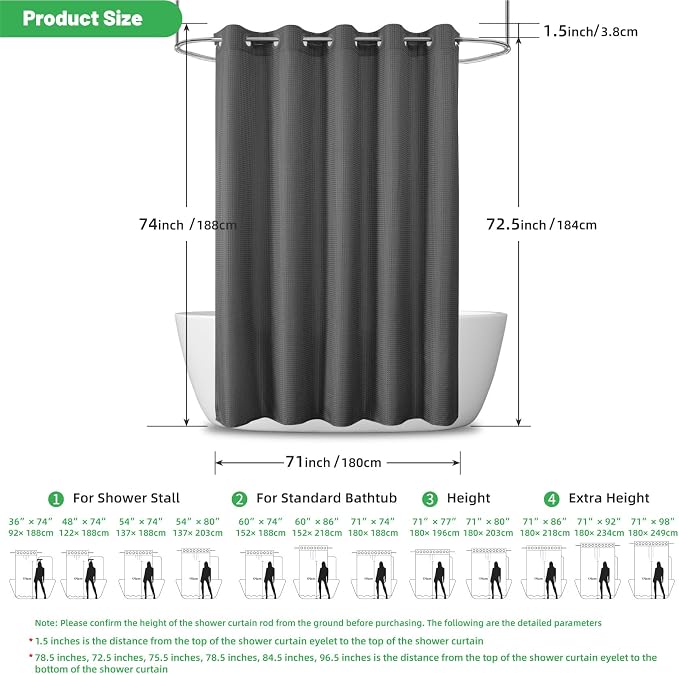 No Hook Waffle Shower Curtain, No Liner Needed, 71x74 Inch, Charcoal Grey | 100% waterproof TPU-laminated backing, magnetic weighted hem, machine washable, shower curtain set for bathroom or hotel use