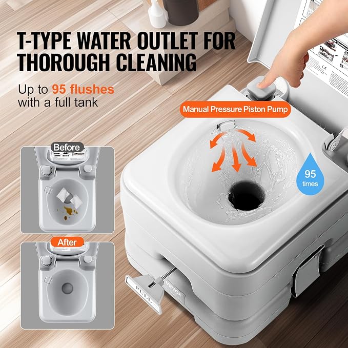 VEVOR Portable Toilet for Camping, Porta Potty with 3.2 Gal Waste Tank & 3.2 Gal Flush Tank, Push-Button Pressurized Flush Commode with Level Indicator, Travel Toilet for Adults Kids Camping Car Trips