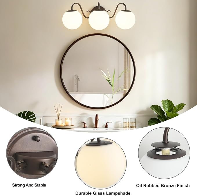 3 Lights Vintage Bathroom Vanity Light Fixtures Over Mirror, Oil Rubbed Bronze Vanity Lights For Bathroom With Milk Glass Globe Shade, Wall Lights For Bedroom, Hallway, Dressing Table(G9 Incl.)