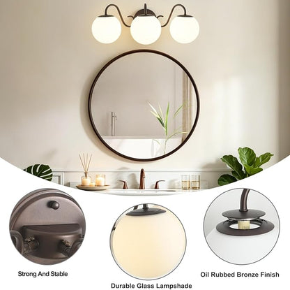 3 Lights Vintage Bathroom Vanity Light Fixtures Over Mirror, Oil Rubbed Bronze Vanity Lights For Bathroom With Milk Glass Globe Shade, Wall Lights For Bedroom, Hallway, Dressing Table(G9 Incl.)
