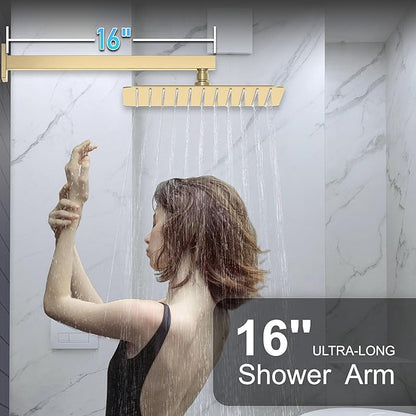 KOJOX Shower System Bathroom Luxury 12 Inch Rain Shower Head with Handheld Mixer Shower Combo Set Wall Mounted Shower Faucet Trim with Valve Brush Gold